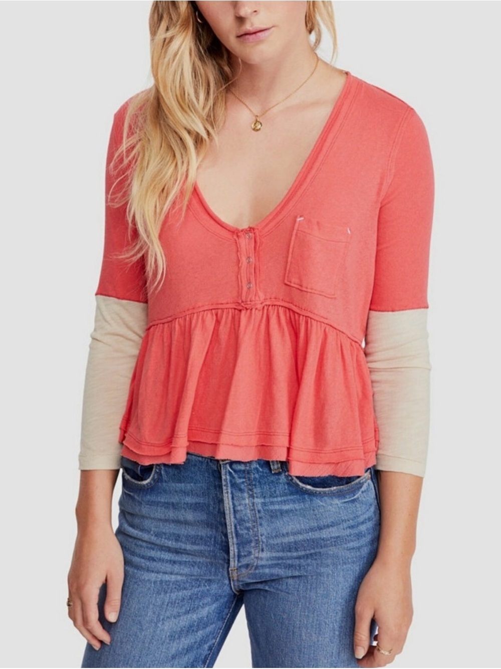 We The Free Coral Henley Peplum Top with Cream Trim